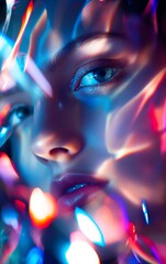 Artistic portrait of a woman with soft, colorful lighting reflecting off metallic surfaces