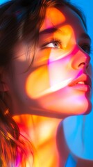 Artistic portrait of a woman with colored gels casting dynamic shadows on the background
