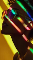 Artistic portrait of a woman with colored gels casting dynamic shadows on the background