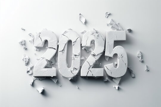 The three-dimensional 2025 number of gypsum texture that symbolizes 2025 is broken, cracked and shattered. New year, start, beginning, change, innovation, future, creation, vitality, energy. Isolated.