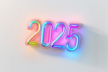2025 number word expressed in colorful shiny neon lights. New Year, End of Year, Event, Festival, Anniversary, Party, Future, Beginning, start. Top view.	