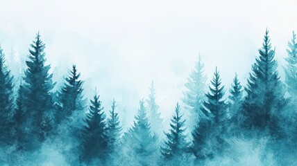 Fototapeta premium Soft Watercolor Winter Scene: Snow-Covered Trees Against a Muted Blue Background