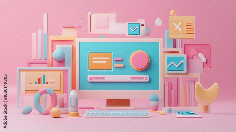 Poster 3d computer screen with colorful geometric shapes and icons