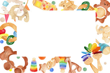Square frame made from children's toys watercolor illustration. For birthday greetings and invitation cards, flyers, labels and packages of children's goods