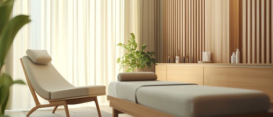 Modern spa treatment room with sleek furniture, natural wood finishes, and a calming color palette, realistic photo