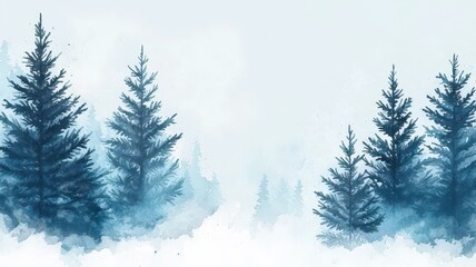 Fototapeta premium Soft Watercolor Winter Scene: Snow-Covered Trees Against a Muted Blue Background