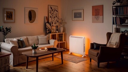 Electric heater warming a cozy living room in the evening, creating a comfortable atmosphere