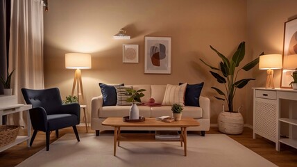 Electric heater warming a cozy living room in the evening, creating a comfortable atmosphere