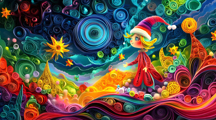 Beautiful 3D quilled Christmas Elf, with vibrant, colorful paper art, and swirls in the sky, psychedelic art, colorful and dreamy. 