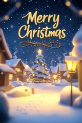 Fototapeta premium Snowy village with glowing lanterns, a large Christmas tree in the center, text 