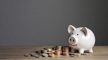 White piggy bank and a pile of coins on a wooden table against a grey background, with ample copy space for text. The image symbolizes savings, financial planning, and responsible money management.