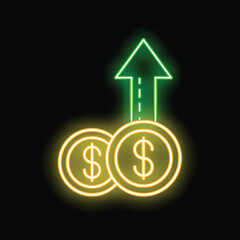 Neon sign of a green arrow pointing up over a stack of golden coins, representing a concept of investment and financial growth