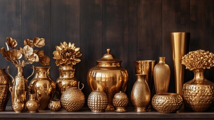 A variety of opulent gold objects, from decorative vases to luxury accessories, exuding elegance and refinement, ideal for premium photography