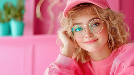 young woman with curly hair wearing pink cap and glasses smiles warmly in vibrant pink setting. playful atmosphere reflects cheerful and trendy vibe