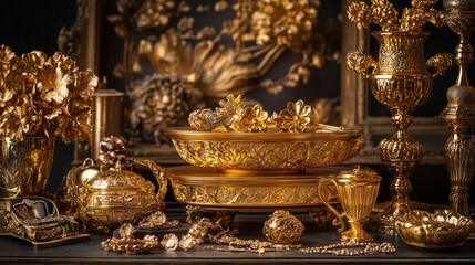 A collection of gold items, including luxurious home decor and elegant accessories, showcasing wealth and refined craftsmanship