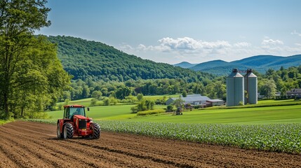 Naklejka premium A red tractor plowing the fields on a sunny day, surrounded by green crops and distant farm buildings with silos.