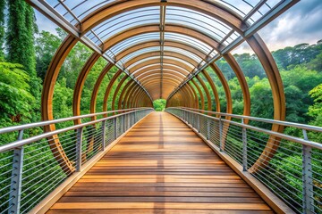 Minimalist futuristic canopy walkway surrounded by nature