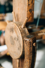 antique spinning wheel close up