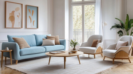 A light blue sofa with wooden legs a beige armchair and a coffee table in the living room featuring a Scandinavian interior design style