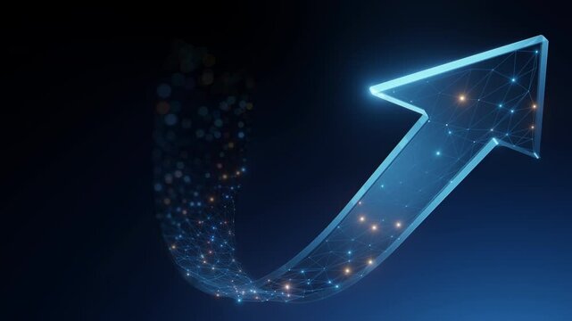 Abstract glowing arrow with a digital network design representing business growth, success, and upward progress in a futuristic environment.