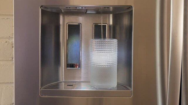 Twelve ounce colorless glass with ice being filled with water from refrigerator.