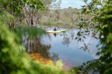 The ferryman takes traveler on a boat tour along the canals in the mangrove forest. This is an eco tourism area