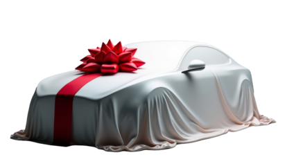 A gift car under a silk cover with a large red ribbon bow. Perfect for promotions, car giveaways, and special events. Ideal for marketing and celebration visuals. Transparent background.