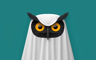 Fototapeta premium A cartoonish owl with big, round eyes dressed in a ghost costume, with playful text above that reads 'THIS IS MY GHOST COSTUME'