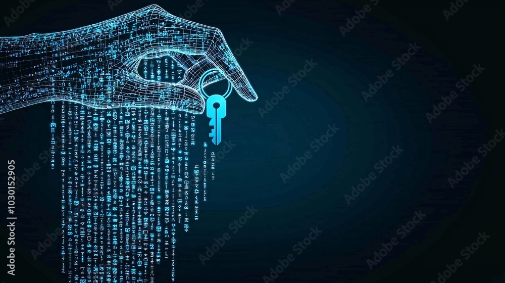 Poster an abstract representation of data ownership, with a glowing hand holding a digital key, unlocking a