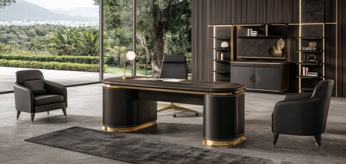 A chic home office with a sleek desk, modern bookshelf, gold accents, and a large window offering a view of a peaceful garden