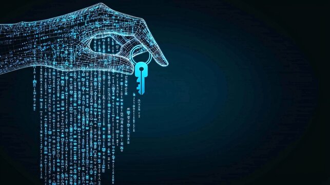 An abstract representation of data ownership, with a glowing hand holding a digital key, unlocking a matrix of encrypted personal data.