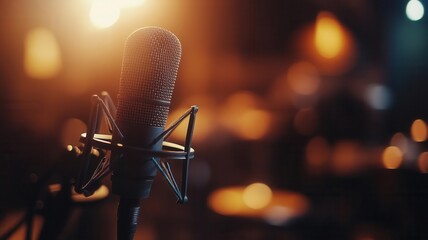 Professional podcast setup in a dimly lit studio, focus on microphone and blurred background, soft lighting on the host