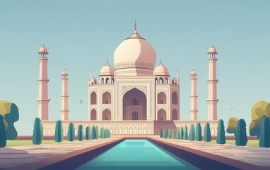A colorful flat vector artwork of the Taj Mahal, illustrating the mosque set against a clear sky, designed to celebrate this iconic landmark in Agra, India