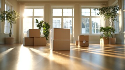 Fototapeta premium Sunlit Room with Moving Boxes