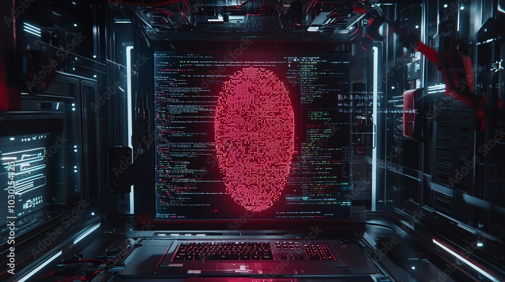Aufkleber a giant fingerprint hovering above a computer screen filled with code, surrounded by security locks 