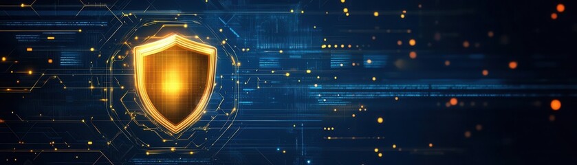 Futuristic digital bank with a glowing shield symbol, strong architectural design, glowing golden accents, blue background