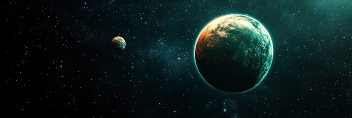 Fototapeta premium One red moon orbiting a green planet in outer space.