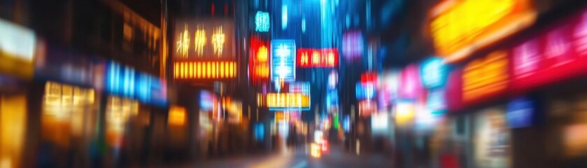 Obraz premium Blurry neon signs in a Hong Kong street at night, creating a futuristic city vibe, Blurred urban scene, Electric city life