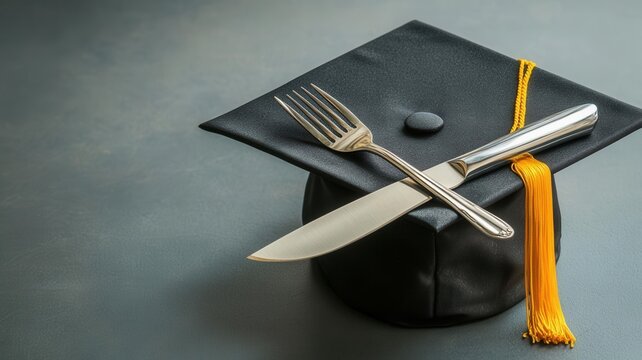 Fork and knife crossed over a graduation cap, representing culinary arts