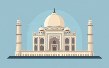 Naklejka premium A flat vector illustration of the Taj Mahal, capturing its stunning architecture against a vibrant sky backdrop, highlighting the mosque's intricate details and surroundings