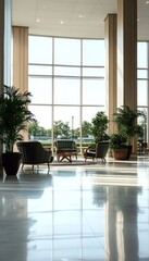 Fototapeta premium Modern Lobby, Large Windows, Natural Light, Polished Floor, Lounge Area, Comfortable Waiting, Space