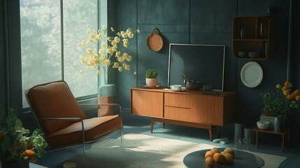 Mid Century Modern Living Room, Wooden Furniture, Sunlight, Houseplants, Minimalist Decor