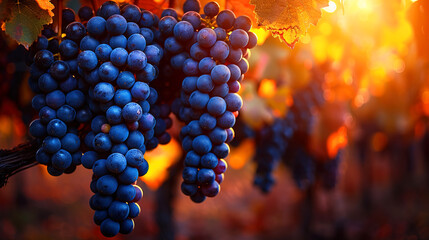 Sunlit Vineyard Hanging on tree Ripe Grape Clusters  in the Field