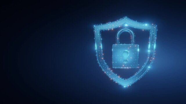 Glowing digital shield with a lock representing cybersecurity, data protection, and secure systems in a futuristic online environment.