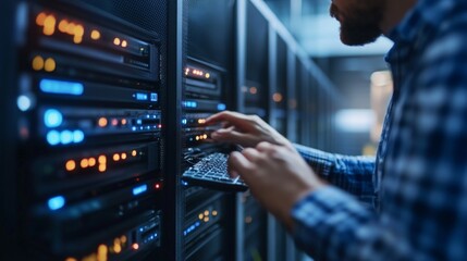 Technician Working on Server Racks in a Data Center