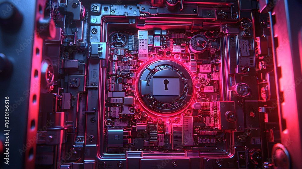 Poster a digital safe bursting with encrypted files, while a hacker stands outside confused by the multiple