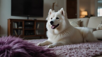 A white fluffy dog lays on a pink fluffy rug in a living room.