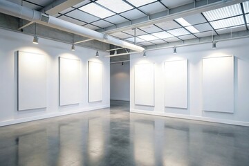 Minimalist gallery space with blank posters