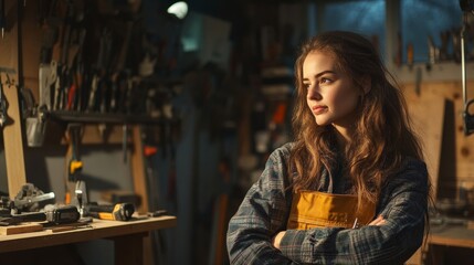 Fototapeta premium Thoughtful young woman in workshop surrounded by tools and equipment, showcasing creativity and skill in a cozy environment.