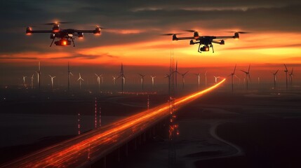 Fototapeta premium Drones Soaring Above Wind Turbines at Sunset A Stunning View of Modern Technology and Nature's Beauty